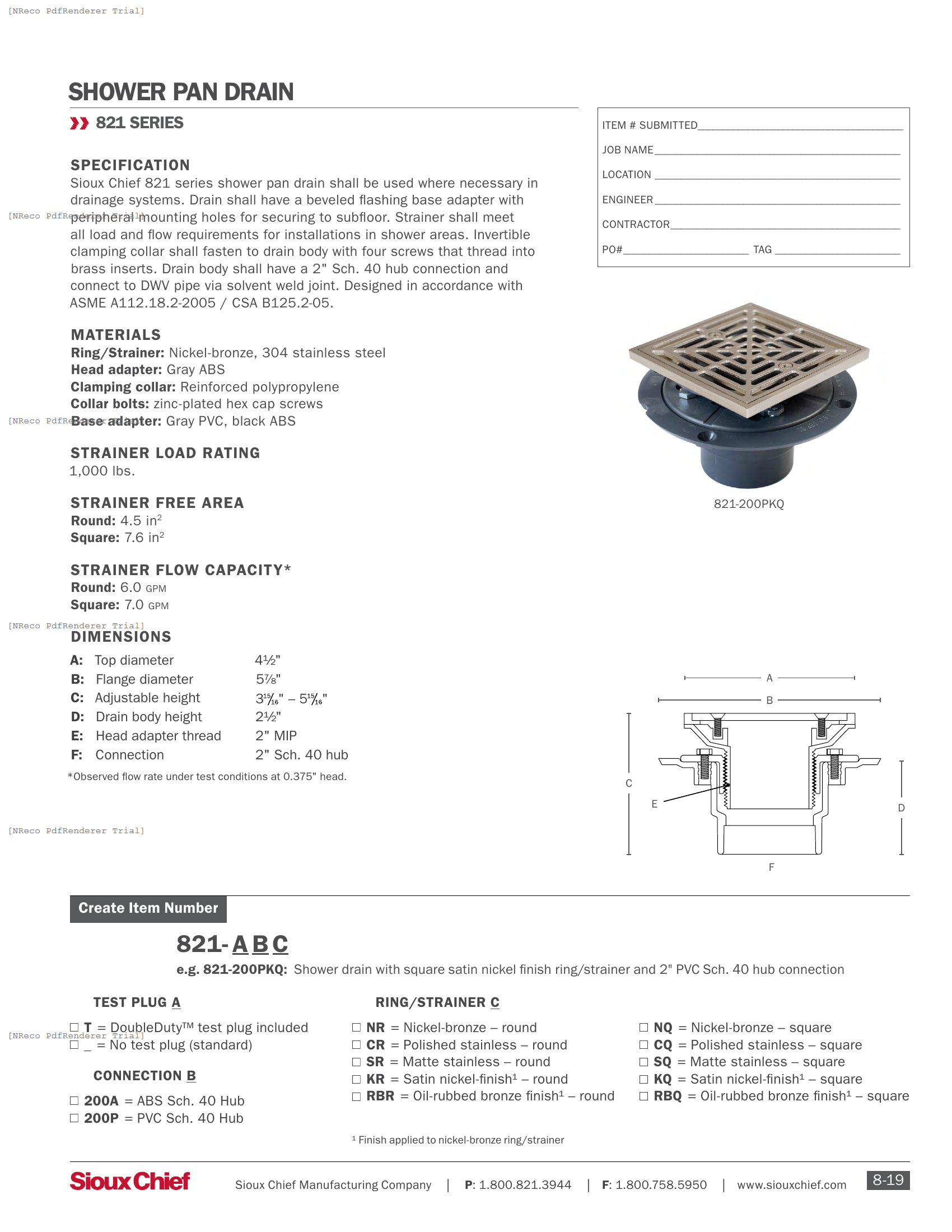 821-200 SERIES - SHOWER PAN DRAIN - SPEC SHEET.PDF Specification Document